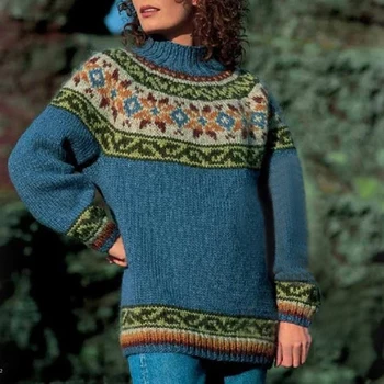 Modes Argyle Trikotāžas Džemperis Sievietēm Ziemā Bieza Stand Apkakli, Garām Piedurknēm, Zilā Puloveri, Džemperi Biroja Dāma Trikotāža Apģērbu