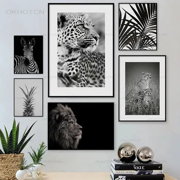 Melnā un Baltā Plakātu Drukas Leopard Gepards, Zebra, Lauva Palmu Ananāsu Sienas Art Attēlu Audekls Gleznošanai Ziemeļvalstu Mūsdienu Mājas Dekoru