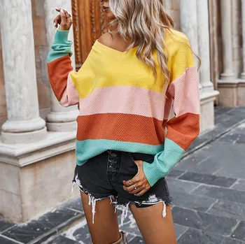 Sieviešu Džemperis Rainbow V Kakla Krāsains Svītrains Džemperis ar garām Piedurknēm Topi Rudens 