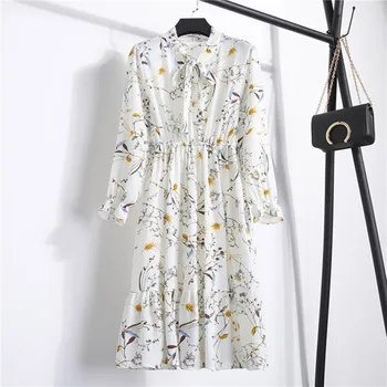 2020. gada Vasaras Ziedu Un Dot Drukas Sieviešu Stāvēt Kakla Kleitas ar garām Piedurknēm Gudrs Šifona Kleitu Modes garām Piedurknēm, Sieviešu Kleitas