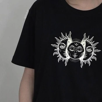 Saules Aptumsums Ir Saules Un Mēness T-Krekls Sievietēm, Melns T Krekls Vintage Stila Estētisko Grunge Tees Gothic Apģērbu Hipsters