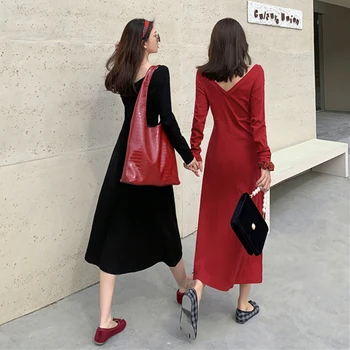 Colorfaith Jaunu 2021 Sieviešu Pavasara Rudens Kleitas Pie Pleca Modes korejiešu Stilā, Elegants Vintage Sarkana Gara Kleita DR30111