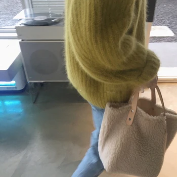 Korejas Stlye Sieviešu rokassomu liela jauda, Ziemas jaunas mīkstās vilnas plīša Sieviete, somas dāmas Totes Iepirkumu grozs bolsa sievišķīgi balts