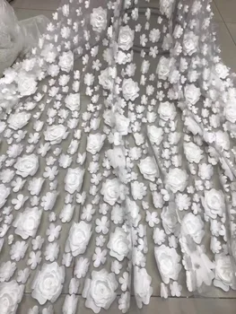 2019 Jaunākās Līgavas Kāzu Auduma Āfrikas Mežģīņu Auduma Pērļu 3D Ziedu Izšuvumu Nigērijas Mežģīņu Auduma FJ22471