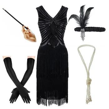 Sieviešu Plus Lieluma Gatsby Sequin Art Deco Black Flapper Kleitas 1920 V Kakla Fāzēm Fringed Great Gatsby Kleita