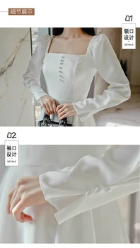 Korejas Rudens Pilnu Piedurknēm Šūpoles Gadījuma Vestidos Augsts Viduklis pusgarās Sieviešu Baltās Kleitas Kroku