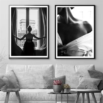 Mājas Dekori Melnā un Baltā Seksīga Meitene Logu Ziemeļvalstu Kanvas Glezna Modes Skaista Sieviete Plakāti Sienas Art Pictures Dzīvojamā Istaba