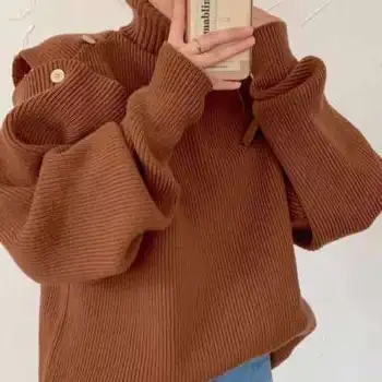 Korejas Šiks Modes Augsta Kakla Džemperis Sievietēm Zaudēt Vintage Adīt Džemperis Augstu Uzrullētu Apkakli Dāmas Lielgabarīta Džemperi
