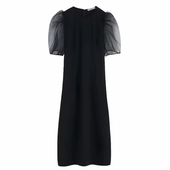 Sieviešu organza caurspīdīga puff piedurknēm raibs black midi kleitu elegants sieviešu atpakaļ rāvējslēdzēju sadalīt puse vestidos kleitas DS2846