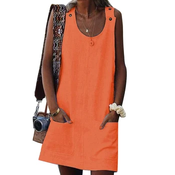 Jaunā Pludmales Gadījuma Sievietes Vienkrāsainu Kabatas Mini Kleita Bez Piedurknēm, Pogu Sundress