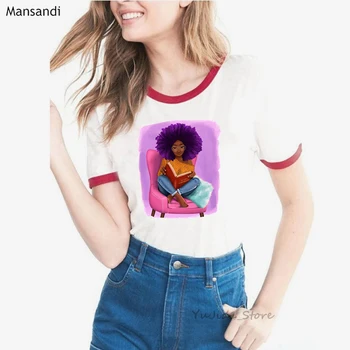 Sieviešu apģērbu 2019 vogue violeta cirtaini mati melna meitene, lasot grāmatu, t krekls femme Melanīna krekls korejas streetwear sieviešu t-krekls