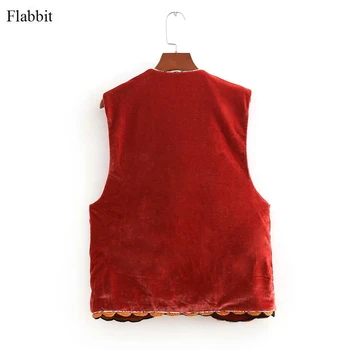 Flabbit sieviešu nacionālā stila vizuļi izšuvumi bez piedurknēm, jaka gadījuma dāma o kaklu sarkana samta mētelis streetwear mīksti topi CT013