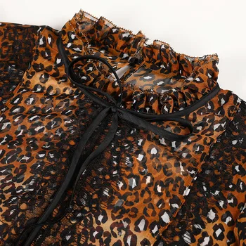 POKWAI Sieviešu Zīda Kleita Leopards Izdrukāt Bowknot Mežģīņu kakla Izgriezumu Mežģīnes Elastīgs Viduklis