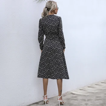 Sieviešu Vintage Modes Vidū-Gara Kleita 2021. Gada Pavasarī Jaunu Stilu Biroja Dāmas Ziedu Drukāt Slim V Kakla Universāls Ikdienas Svārki
