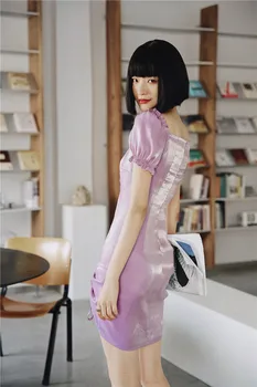 CHEERART Polarizētās Violeta Bodycon Kleita ar Kvadrātveida Apkakles Puff Piedurknēm Vasaras Mini Kleita Sievietēm Aukliņu Saspringts Kleitu Modes 2020