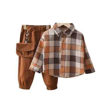 Pavasara Rudens Kokvilnas Toddler 2gab Uzvalks Bērnu Apģērbu Komplekti Pleds Atloks Krekls+Bikses Zēniem Apģērbs Cute Kids Mētelis Aktīvo Uzvalks