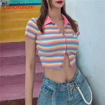 Sexy T Krekls Sieviešu Vasaras Varavīksnes Svītrainām Kawaii Gredzenūbele Polo Krekls Dāmas Ir 2021. Adīt Jaciņa Y2k E Meitene Cute Salātu Ražas Augšu