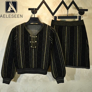 AELESEEN Skrejceļa Modes Sieviešu noteikt Augstas Kvalitātes V-veida kakla Laternu Piedurknēm Adīts Džemperis + Mini Svārki Vintage Puse Brīvdienu Komplekti