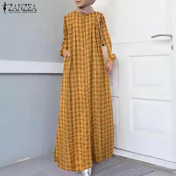 Rudens Maxi Gara Kleita Sievietēm ar garām Piedurknēm Pogas Sundress ZANZEA Vintage Hijab Musulmaņu Kleita Gadījuma Islāma Apģērba Caftan Drēbes