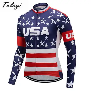 TELEYI Vīriešu Velosipēdu Jersey Pro Team USA garām Piedurknēm Elpojošs Uzstādīt Ropa Ciclismo MTB Uzvalku Bikses, Pavasara/Rudens Velo Apģērbi