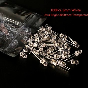 100gab / iepak 5mm Balta Ultra Spilgti 8000mcd Pārredzamu 5 mm Gaismas Diodes LED Lampas, 5 mm