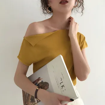 2020 Korejiešu Stilā Adīts Tops Sieviešu T Krekls Vasaras Sexy Viena Pleca, Ledus Zīda Adīšanas T Gadījuma Ielas Šiks Tees 7 Krāsas