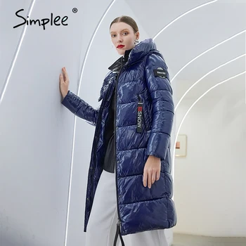 Simplee Silts, elegants sieviešu mētelis, jaka ar cepuri Gadījuma jauns dizains kabatas parka Modes navy sieviešu garās ziemas pretvēja jaka