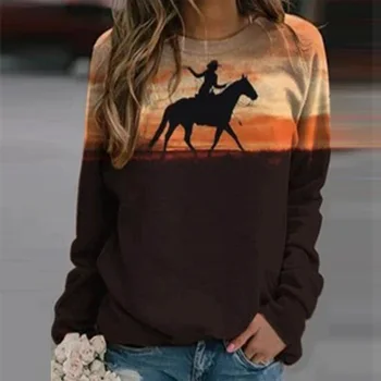 Dzīvnieku Zirgu Drukāt pelēkā vārna sporta Krekls Modes Elegants O-veida Kakla Ziemas Džemperi, Topi Rudens Gadījuma garām Piedurknēm, Sieviešu Krekli 3XL