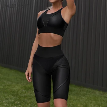 IWUPARTY Sievietes Sexy Black Līmēšana noteiktie Apmācību Brassiere Fitnesa Sporta Krūšturis Tvertnes Augšpusē Sieviešu SPORTA Push Up Šorti 2pieces Uzvalks