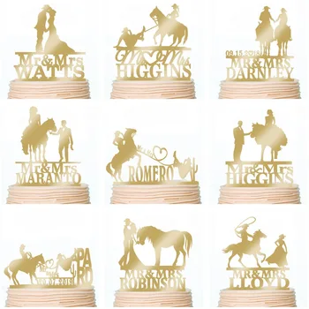 Vecās Modes Kūka Topper Valsts Kāzu Cowgirl un Kovboju Toppers, Līgava, Līgavainis Zirga Personalizētu Nosaukums Spogulis Kūkas Dekorēšanai