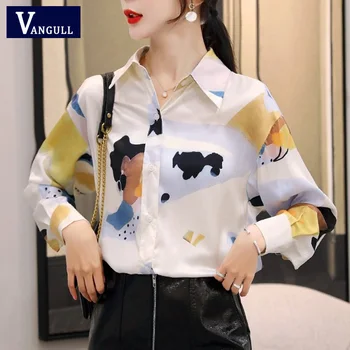Vangull Sieviešu Blūzes 2019 Iespiests Ar Garām Piedurknēm Vintage Blūze, Krekls Gadījuma Savukārt Apkakle Dāmas Tunika Topi Plus Lieluma Blusas