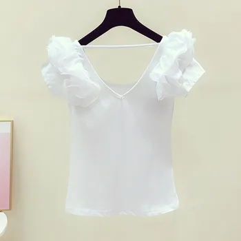 Balts T-krekls Sieviete 2020. Gada Pavasara un Vasaras Jauna Eleganta tīrtoņa Krāsu Zemu Apaļu Kakla Īstermiņa Piedurknēm Savirmot T-krekls Sieviešu Ikdienas Tee