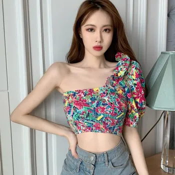 Korejas Modes Nelegālo Šifona Blūze Sievietēm Gadījuma Ziedu Drukāt Ruffles Blūzes Krekls Sieviešu Apģērbs