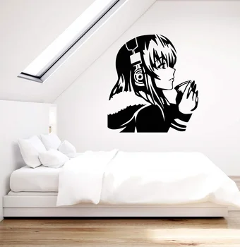 Vinila sienu aplikācijas skaistu anime meitene ar kafijas austiņas jauniešu mītne mākslas uzlīmes, mājas dekoru, sienas 2YY7