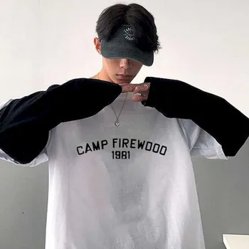 Ins Rudens Vīriešu garām piedurknēm Vīriešu Viltotas Divu gabals T-krekls zēnu, korejiešu Zaudēt Apaļu Kakla Drēbes Tendence Gadījuma Modes Al