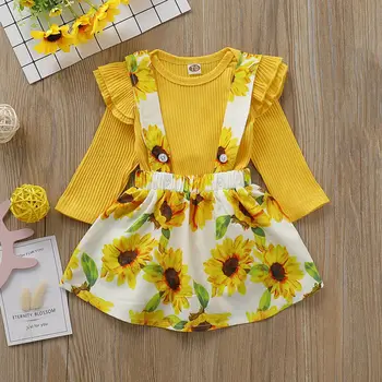 Jaundzimušo Komplekts 2gab Baby Meitenes Apģērbu Komplekts 2019 Dzeltenā krāsā ar garām Piedurknēm Bērnu Bodysuit Ziedu Kombinezons, Zīdaiņu Apģērbs Bērniem, Uzvalki, Bērnu Komplekts