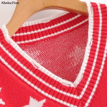 KHALEE YOSE Red Star Trikotāžas Džemperi Rudens garām Piedurknēm Rudens Gudrs Šiks Džemperis ar V-veida kakla Sexy Gadījuma Džemperi Sieviešu Džemperis 2020