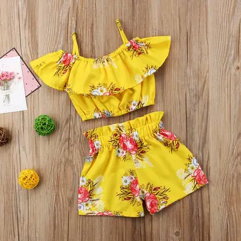 2 gabali, kas Pavada Mežģīņu Ziedu Tops un Šorti noteikti Toddler Girl Vasaras Apģērbs