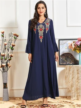 Siskakia Etniskā Izšūti Maxi Gara Kleita Sievietēm Rudens 2020. Gadam Elegantu V-Kakla Full Sleeve Plus Lieluma arābu Musulmaņu Apģērbu Jaunas