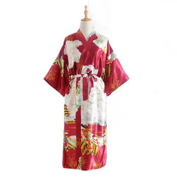 Vintage Print Ķīniešu Sievietes Satīna Drēbes Mērci Vannas Kleita Sexy Peldmētelis Kimono Naktsveļu Ilgi Gadījuma Sleepwear Viens Izmērs HD10