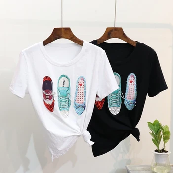 2018 Pavasara Vasaras Sieviešu t krekls īstermiņa piedurknēm kurpes drukas t kokvilnas topi