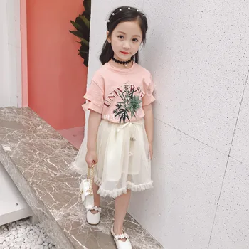 2020. gada Vasaras Meiteņu Modes Tērps Īsām piedurknēm Vēstuli Top Marli Svārki 2-gabals, kas Rozā T-krekls Balts Svārki