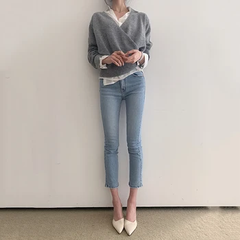 Sieviete Džemperi Kritums Jaunu Elegance V-Veida Kakla Ilgtermiņa Piedurknēm Adīšanas Mētelis Sieviešu Džemperi Pelēku, Rozā Modes Sexy Rudens, Ziemas 2020
