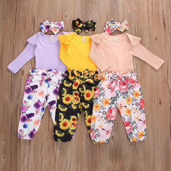 2020. gadam Infant Baby Meitenei 0-24M Drēbes Salds tīrtoņa Krāsu garām Piedurknēm Jumpsuit un Ziedu Garas Bikses ar Galvu 3pcs