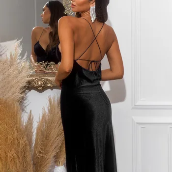 Kriptogrāfijas Bez Piedurknēm Sexy Backless Pārsējs Sasiet Midi Kleitas Modes Kluba Puses Elegants Samta Sadalīt Kleita Pavasara 2021