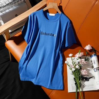 Vasaras zaudēt liela izmēra dāmas t-krekls ir 2021. jaunu īsām piedurknēm ar Apaļu Kakla vēstuli iespiests zilā Augstas Kvalitātes korejas sieviešu topi