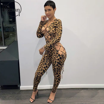 INWOMAN Leopards Drukāt Bodycon 2 Divas Gabals, kas Sieviešu Tērpiem Slim, Sexy Clubwear atbilstības Komplekti Mežģīnes Up Kultūru Top Un Legingiem Komplekts