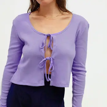 2020. Gada Vasarā-Rudenī Sievietes Korejas Modes Sexy Garām Piedurknēm Atvērt Priekšējo Saistīta Adīšanas Jaciņa Kultūraugu Top Violeta Īss Džemperi
