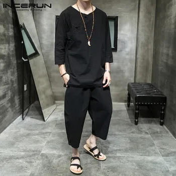 INCERUN Ķīniešu Stilā Vīriešiem Komplekti Cietā 2021 Vintage Kokvilnas Streetwear Mājīgu 3/4 Piedurknēm Krekls & Teļš Garums Bikses Gadījuma Vīriešu Uzvalki