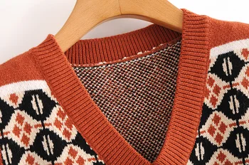 Preppy Stils Ģeometriskā Pleds Adīti Džemperi, Vestes Sievietēm 90s Vintage korejas Apģērbu V Kakla Tvertnes Augšpusē Y2K Trikotāžas Piedurknēm